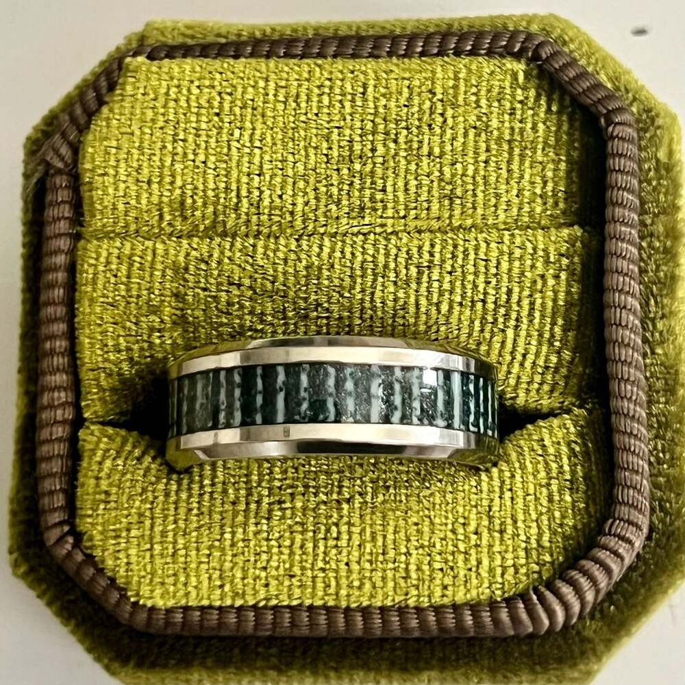 Tungsten Titanium Ring with Green Antler Inlay Polished Finish 8mm Band Size 11